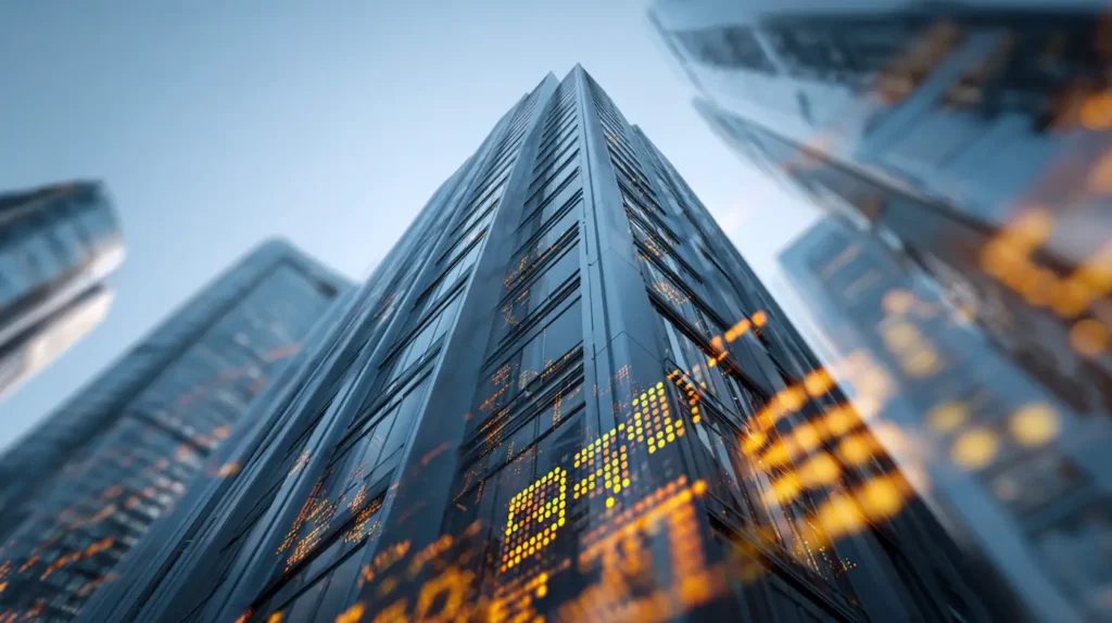 Editorial photo illustration of BlackRock headquarters skyscraper in bright morning light with subtle AI digital overlays, symbolizing market influence and trillion-dollar investments.