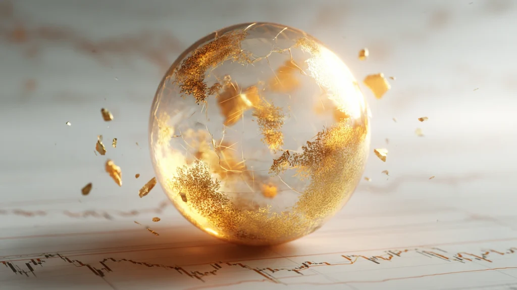 Citi Warns Palantir 70x Revenue Valuation Faces Risk, Says AI Edge ‘Unclear To Be Sustainable’ Glowing golden sphere cracked with floating fragments and fading AI circuit patterns, symbolizing Palantir’s high valuation risk and uncertain AI edge.