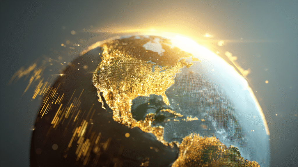 Glowing digital globe over North America with golden light streams, symbolizing AI’s impact on global GDP and US debt.