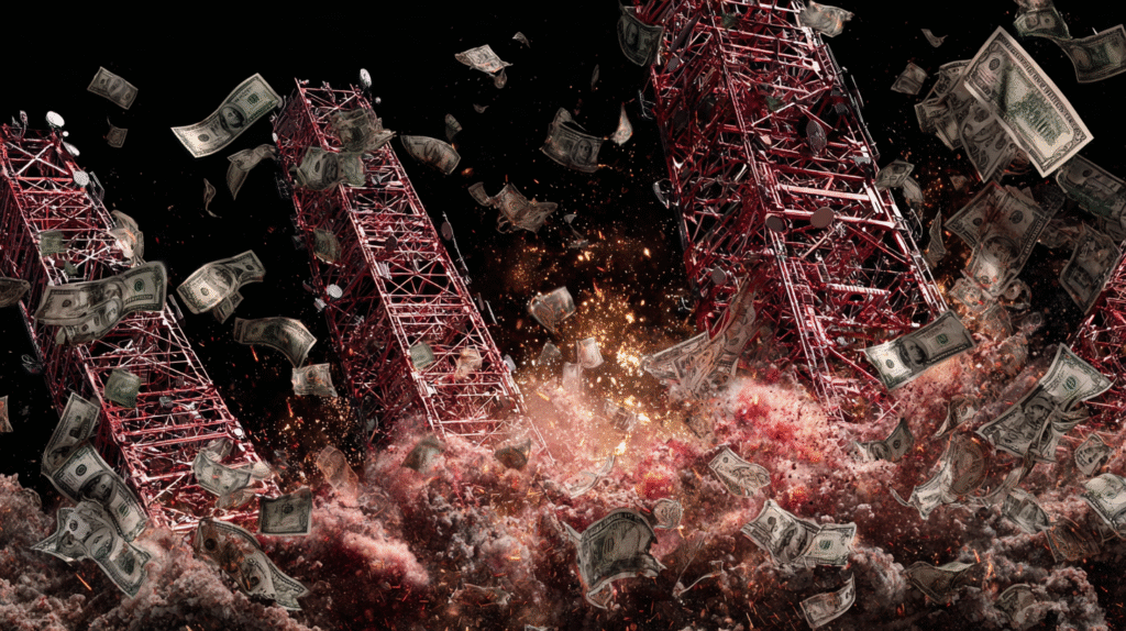 Crumbling telecom towers collapsing into dust as stacks of US dollar bills shatter into red and black shards with golden sparks, symbolizing risks of the AI boom burning $500 billion annually.