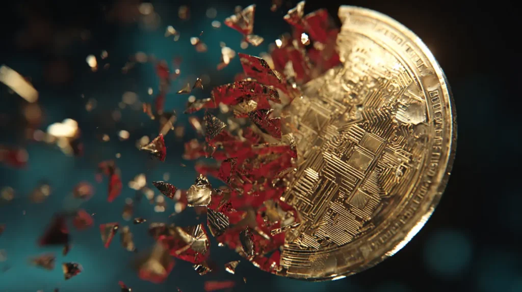 Glowing golden coin shattering into red and black shards with golden fragments, symbolizing Sam Altman’s warning of an AI bubble and financial losses.