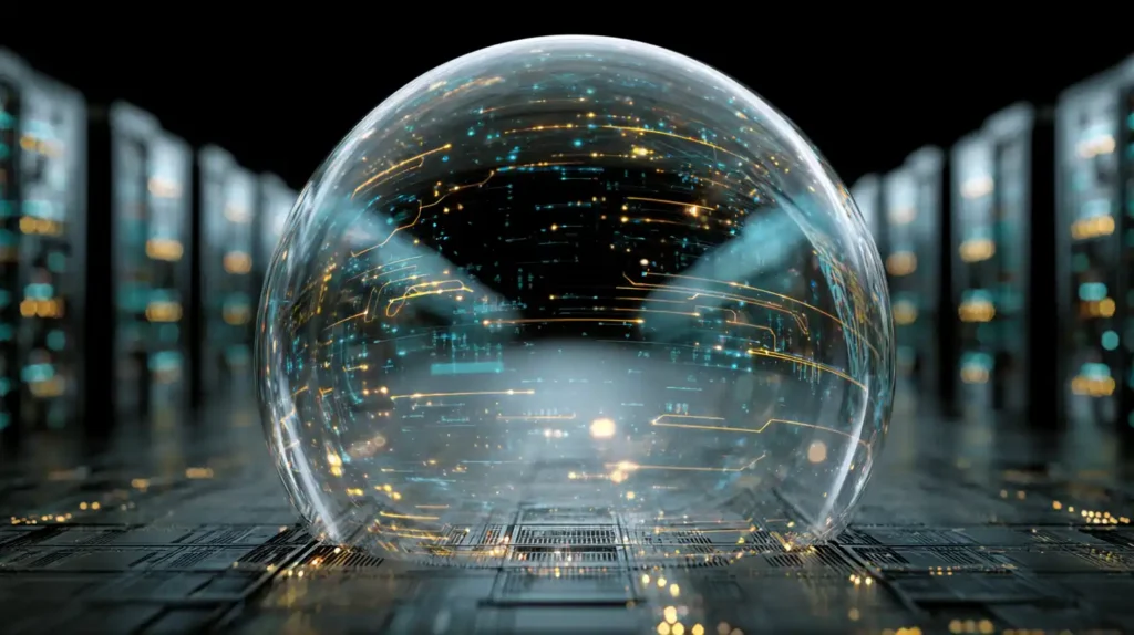 AI Bubble Story Blown Out of Proportion As One Company Poised to Dominate $583,000,000,000 Data Center Market: Tech Advisory Firm Smooth translucent bubble reflecting silver and teal AI circuit patterns above glowing blue and gold data center racks with golden sparks inside, symbolizing the $583 billion AI market.