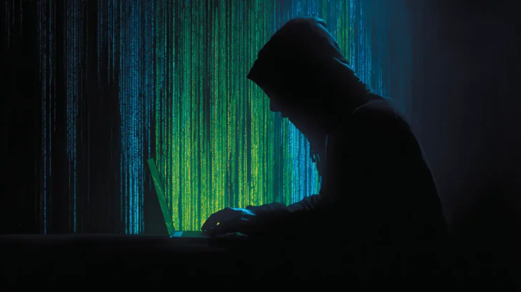 Hacker Lets Claude Code Orchestrate Full AI Cyberattack, With Ransom Demands Topping $500,000: Anthropic Report Shadowy hacker silhouette working at a glowing laptop with neon green and blue code streams spilling into the dark background, symbolizing AI-powered cyberattacks.