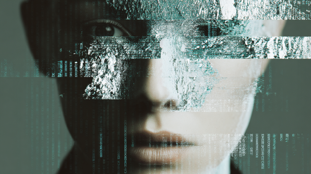 Coinbase CEO Brian Armstrong Flags AI Deepfake Threat, Warns Potential Roll Back of Remote Work Video interview screen showing a job applicant with a glitching face fragmenting into silver and teal digital distortions, symbolizing AI deepfake threats to remote work.