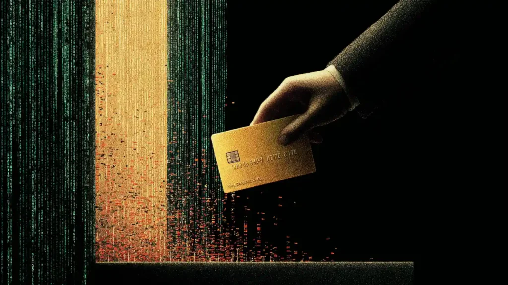 Glowing golden credit card handed into a shadowy fake online shop doorway with red and black shards and faint green code streams, symbolizing AI agents falling for ecommerce scams.