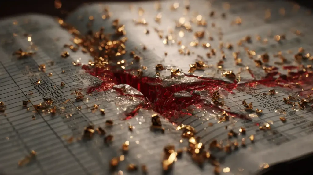 Glowing financial ledger cracking like broken glass with red fractures and golden fragments, symbolizing AI fraud losses for small businesses.