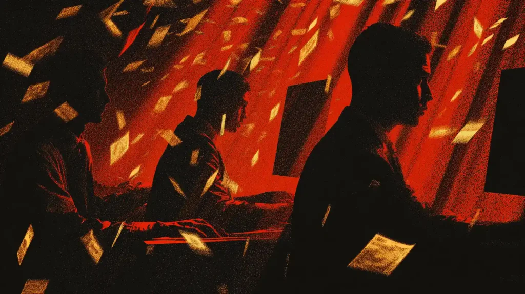 Group of shadowy fraudsters at glowing computer screens with red and black digital shards and golden fragments, symbolizing AI scams driving billions in losses.