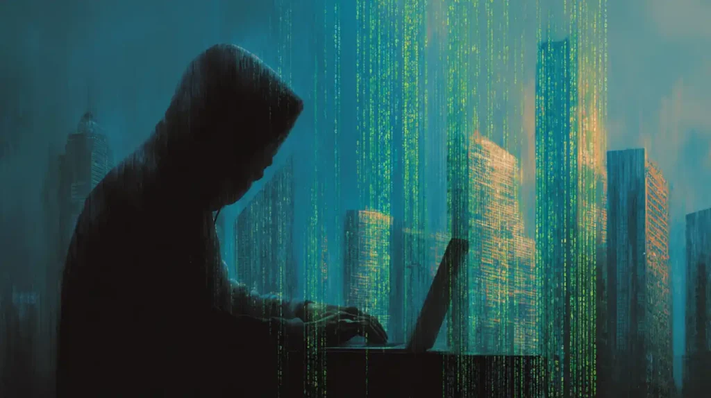 Shadowy hacker silhouette at a laptop with green and blue code streams spilling out, stealing digital identity data, with faint blue and gold skyscrapers in the background symbolizing banks.