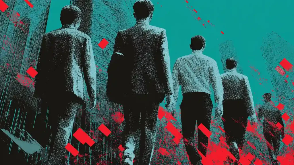 Stanford Study Reveals AI Boom Betrays Youngest Workers Amid Job Cuts for Entry Roles Young office workers walking away from skyscrapers with silver and teal AI circuit light across their faces and red and black shards around them, symbolizing AI-driven job cuts for entry roles.