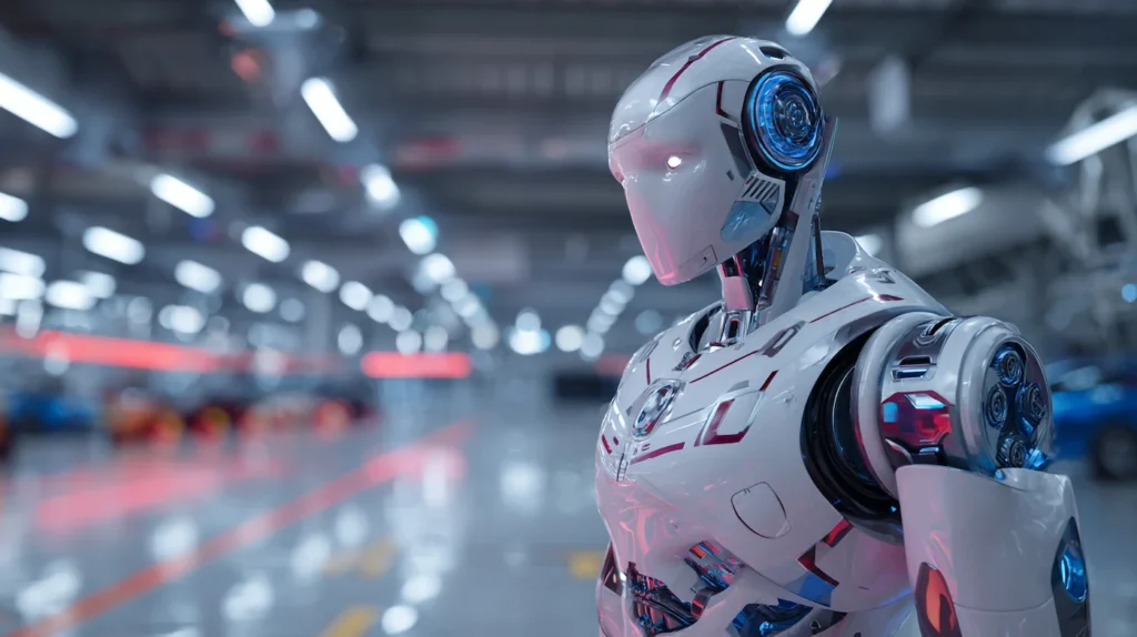 Sleek humanoid robot standing on a futuristic factory floor, symbolizing AI robot adoption in US manufacturing.