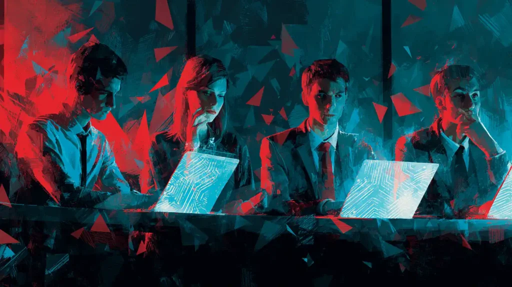 Worried startup team sitting in a dim office with silver and teal AI circuit reflections on their laptops and faint red and black shards in the background, symbolizing the AI shakeout.