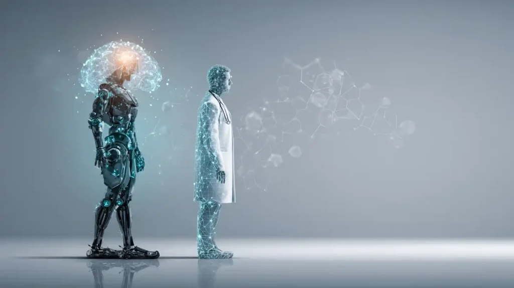 Anthropic CEO Asserts AI Outperforms 99% of Doctors, Claims Nobel Biologists Agree Futuristic digital brain glowing silver and teal beside a faint white doctor silhouette, symbolizing AI outperforming medical professionals with support from Nobel biologists.