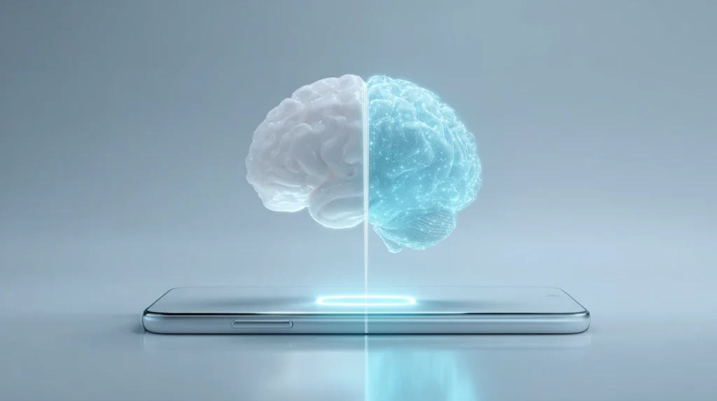 Futuristic digital brain split in half, with one side white and the other glowing blue, hovering above a smartphone to symbolize Apple and Google’s AI integration.