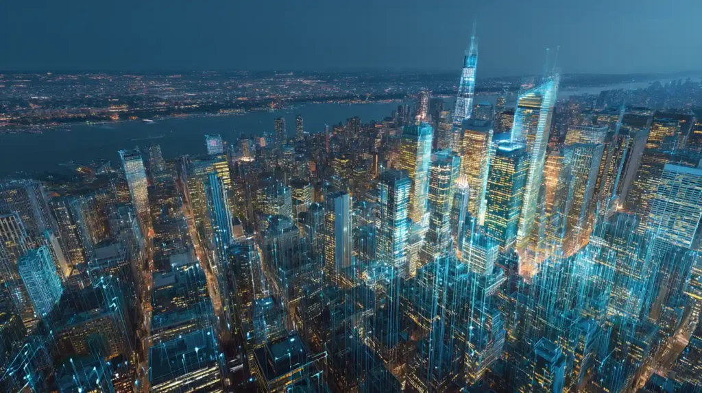 Aerial view of Wall Street skyscrapers glowing blue and gold with subtle silver and teal AI circuit overlays, symbolizing Bank of America’s Erica reaching billions of client interactions.