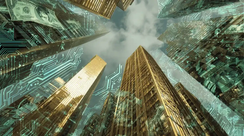 Wall Street skyscrapers glowing with golden reflections and US dollar flows, with green growth arrows and subtle AI circuit overlays in the sky, symbolizing artificial intelligence as a mega trend.