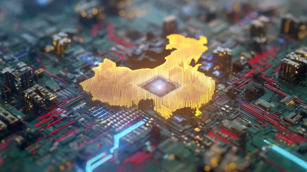 Glowing AI microchip embedded in a circuit board shaped like China, symbolizing the domestic chip boom and Cambricon’s $144 million profit.