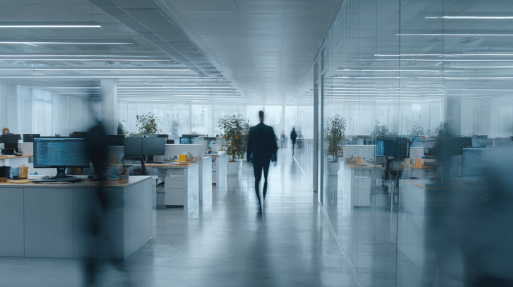 Modern corporate office interior with employees walking through a bright open floor, symbolizing Coinbase’s AI adoption and workforce changes.