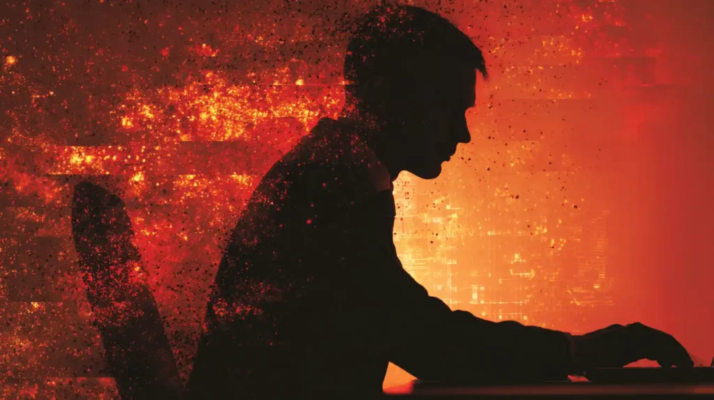 AI Deepfake CEO Scams Drain $200,000,000 in a Single Quarter, Warns Cyber Security Firm Corporate executive silhouette at a desk with a face glitching into red and black digital shards and golden sparks, symbolizing deepfake CEO scams draining millions.