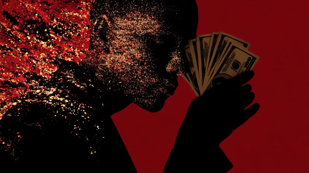 $350,000 Condo Sold, $81,304 Lost – AI Scam Using Steve Burton Deepfake Leaves Woman Facing Bankruptcy Shadowy scammer with a glitching digital face handing over US dollar bills fragmenting into red and black shards with golden sparks, symbolizing deepfake AI scams causing financial ruin.