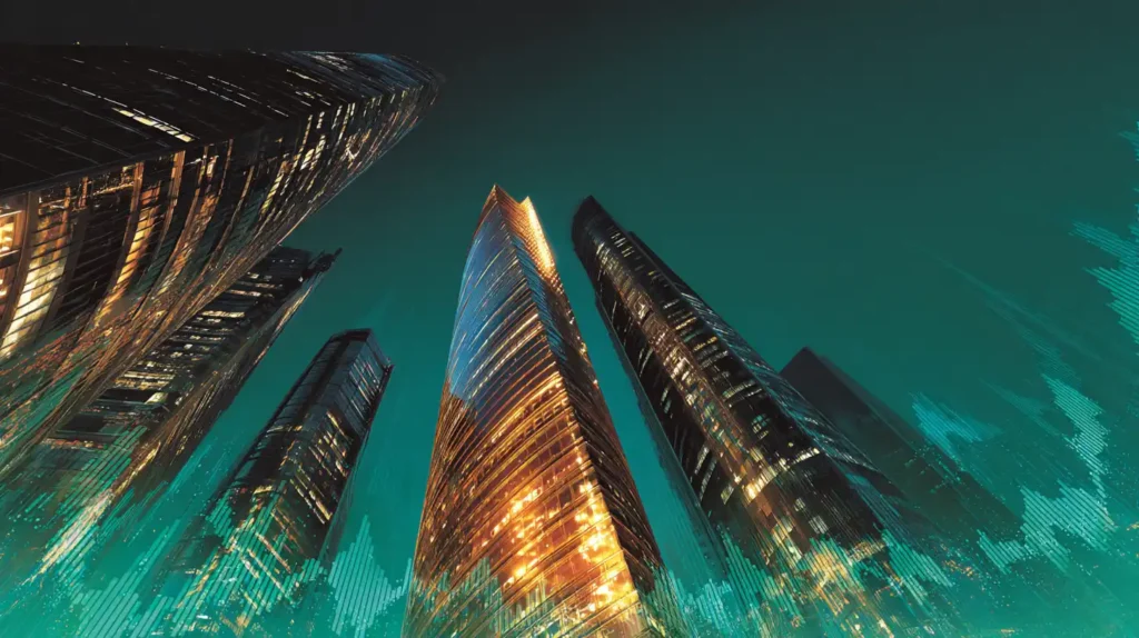 Glowing corporate skyscrapers symbolizing Microsoft and Broadcom with golden money streams and green arrows rising upward, overlaid with silver and teal AI circuits.