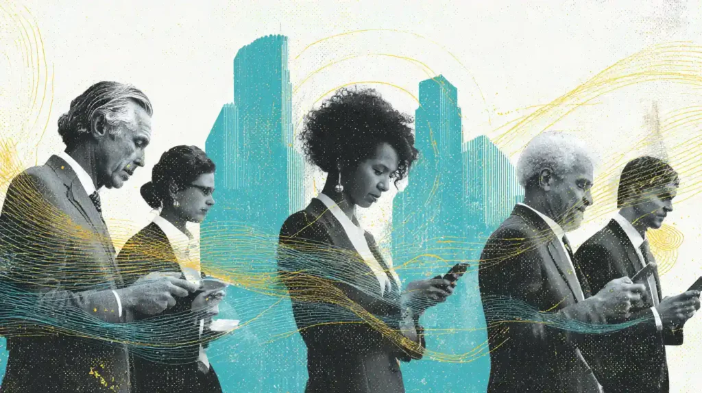 Fed Governor Waller Says Central Bank Researching AI in Payments to Modernize Infrastructure People in business attire using smartphones to make mobile payments with glowing digital dollars and subtle AI circuit overlays, skyscrapers in the background symbolizing the Federal Reserve.