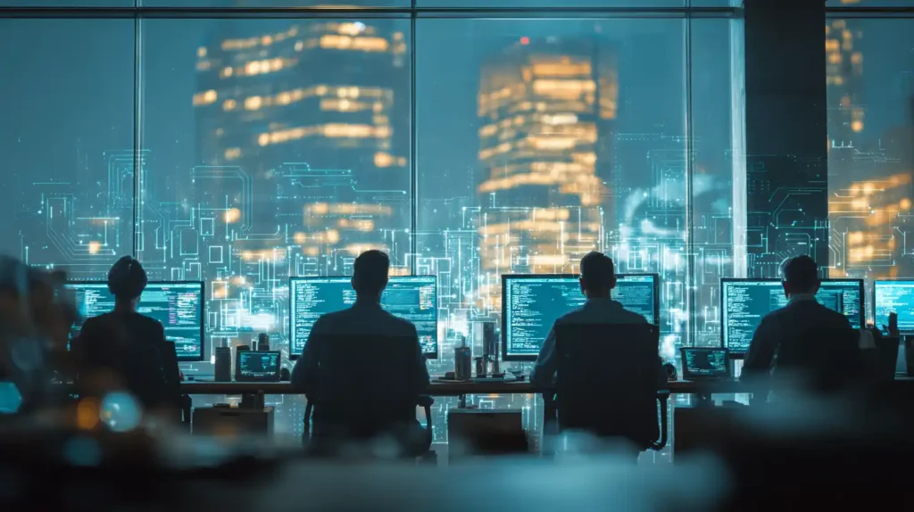 Goldman Sachs and Citibank Among Thousands of Firms Now Using This AI Engineer, Says Peter Thiel-Backed Startup Team of software developers working in a modern office with silver and teal AI circuit overlays, faint blue and gold skyscrapers in the background symbolizing Goldman Sachs and Citibank.