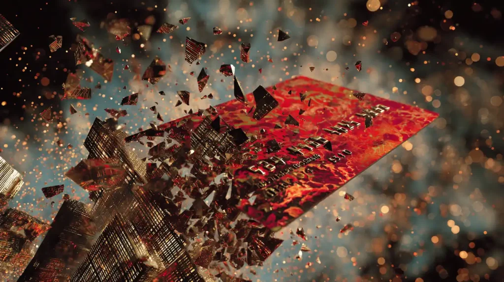 Glowing credit card breaking apart into red and black digital shards with golden sparks, with faint blue and gold skyscrapers in the background symbolizing JPMorgan’s warning on AI scams.