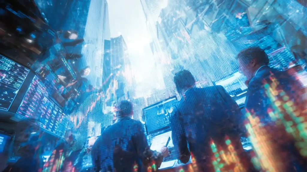 JPMorgan Chase Says AI Trade Witnessing ‘Nice’ Rotation – Here Are the Bank’s Top Sectors Busy traders on a bustling trading floor exchanging US dollar bills with green growth arrows on digital screens, blue and gold skyscrapers in the background symbolizing JPMorgan.