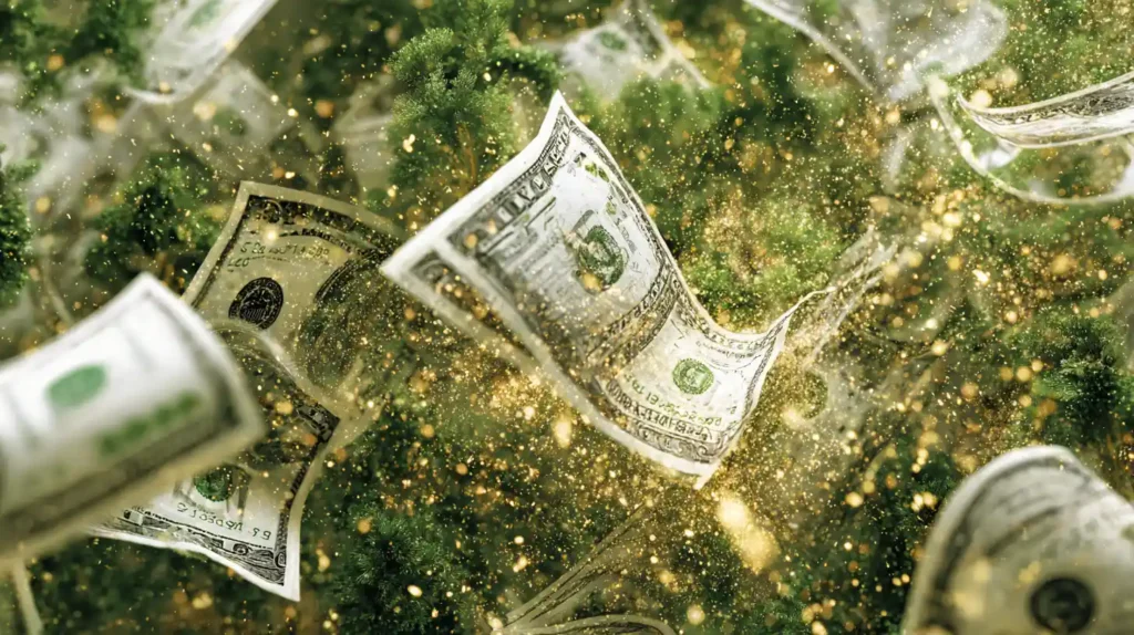 Glowing US dollar bills dissolving into green mist with golden fragments scattering upward, symbolizing a market downside headfake and attractive AI mega-cap opportunities.