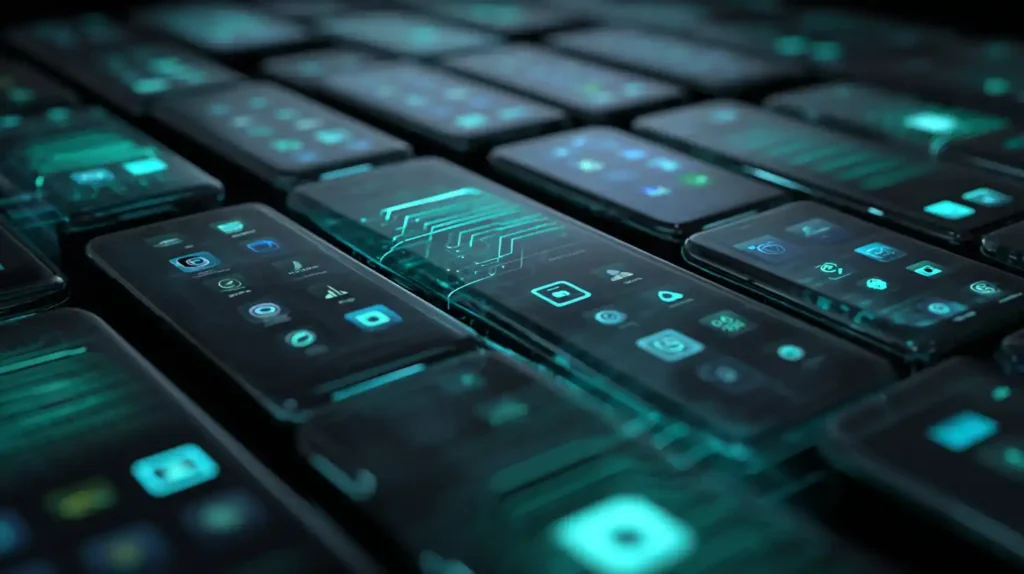 Meta Explores Deals With Google, OpenAI to Power Apps in High-Stakes AI Arms Race: Report Smartphone screens displaying social media app icons with silver and teal AI circuit patterns weaving across them, symbolizing Meta exploring deals with Google and OpenAI in the AI arms race.