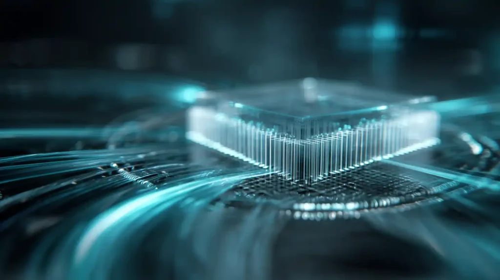 Futuristic quantum computer glowing silver and teal with blue data streams forming protective shields, symbolizing Microsoft’s 2029 quantum-safe rollout.