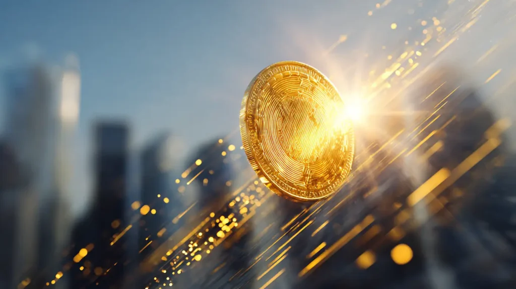 Glowing golden crypto token rising with bright light streaks against a city backdrop, symbolizing JPMorgan’s $500 million backing of Numerai and a 115% rally.