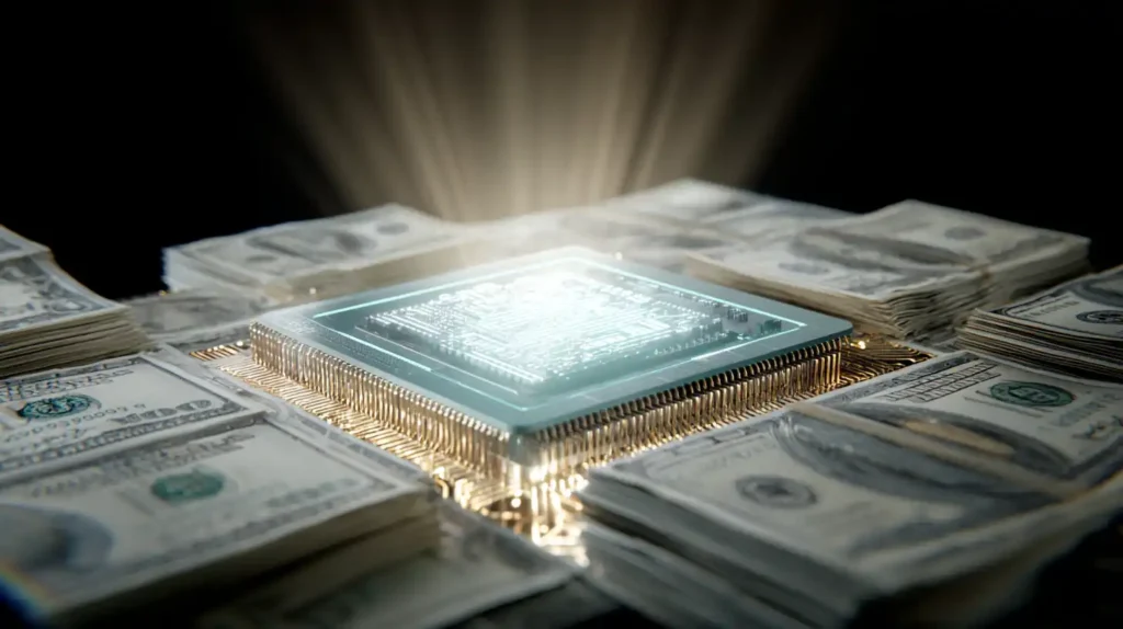 Nvidia (NVDA) Stock Could Double on Path to $600,000,000,000 Revenue, Predicts Wall Street Analyst – Here’s Why Glowing silver and teal AI chip resting on stacks of US dollar bills with golden light radiating upward, symbolizing Nvidia’s projected $600 billion revenue growth.
