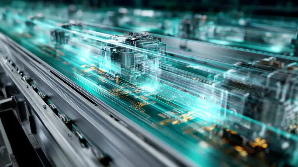 Modern factory line pumping out glowing silver and teal AI chips with golden sparks and digital circuits, symbolizing Nvidia’s multi-trillion-dollar AI industrial revolution.