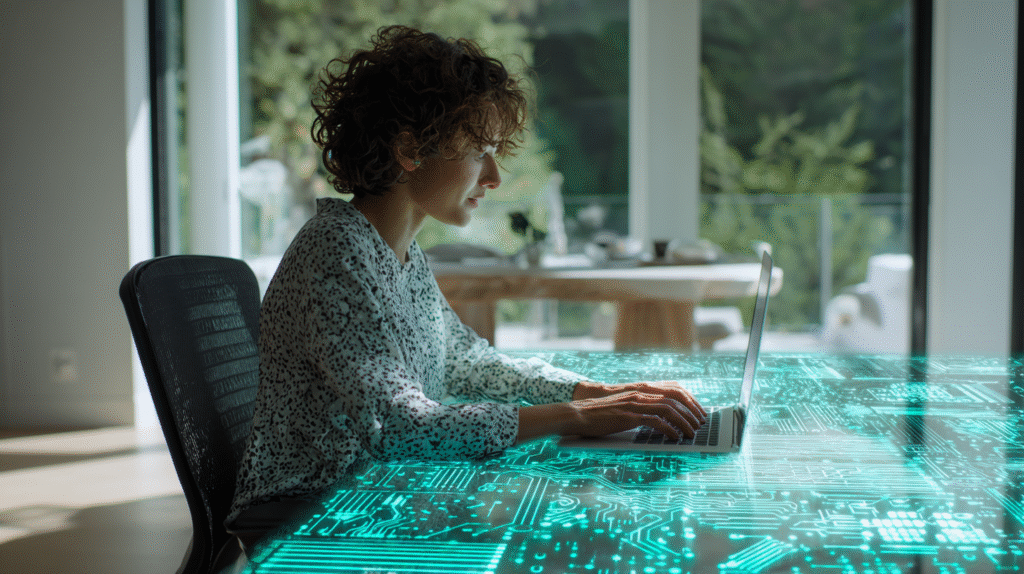 Remote employee working at a bright modern home office desk with subtle silver and teal AI circuit overlays, symbolizing AI reshaping jobs and enabling four-day work weeks.