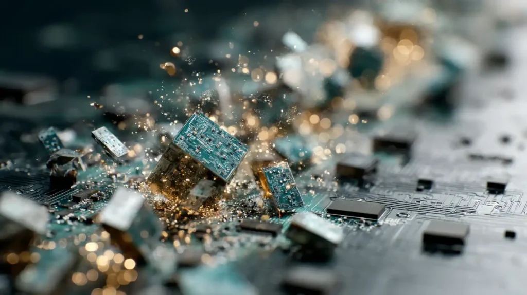 Damaged circuit board supply line with broken silver and teal AI chips scattered along the path and golden sparks fading into shadow, symbolizing Alibaba filling Nvidia’s China gap.