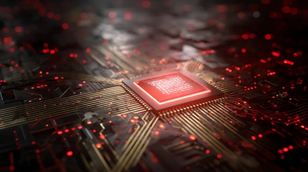 Glowing red GPU chip with golden circuits radiating outward, symbolizing Nvidia’s record profits and rising AI market risks.