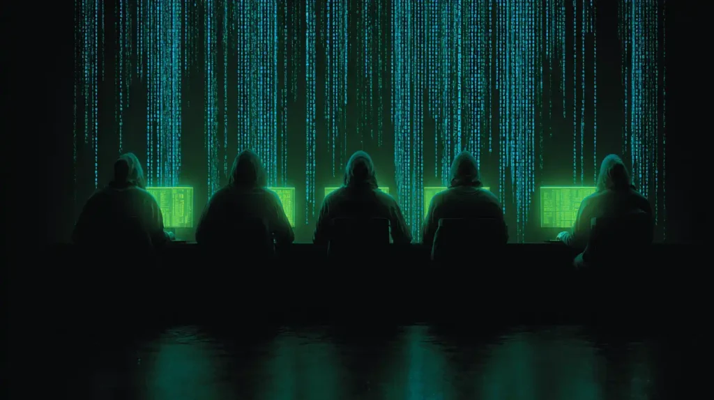 Shadowy hacker silhouettes at glowing computer screens with green and blue code streams in the background, symbolizing ransomware gangs using generative AI to target firms.