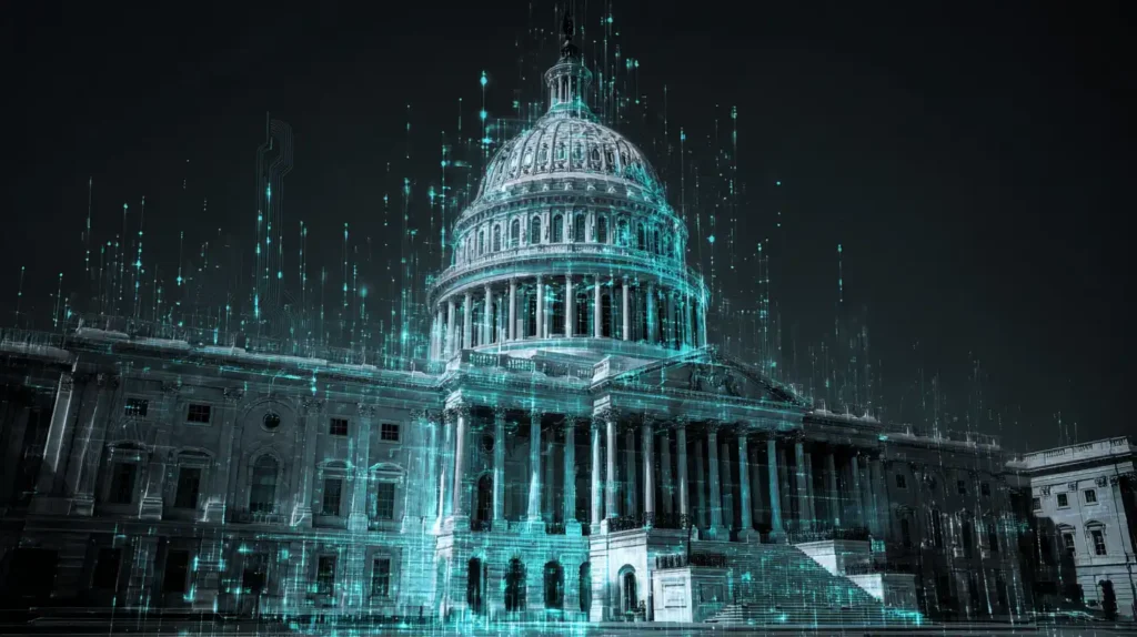US Capitol building glowing with silver and teal AI circuit overlays, symbolizing a congressional probe into Meta’s artificial intelligence policies.