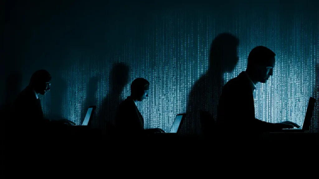 AI Acceleration Fueling Rise of ‘Shadow AI’ Beyond Corporate Control, Warns Cybersecurity Firm Shadowy office employees working at glowing laptops with silver and teal AI circuit patterns spilling into the dark background, symbolizing uncontrolled Shadow AI growth.