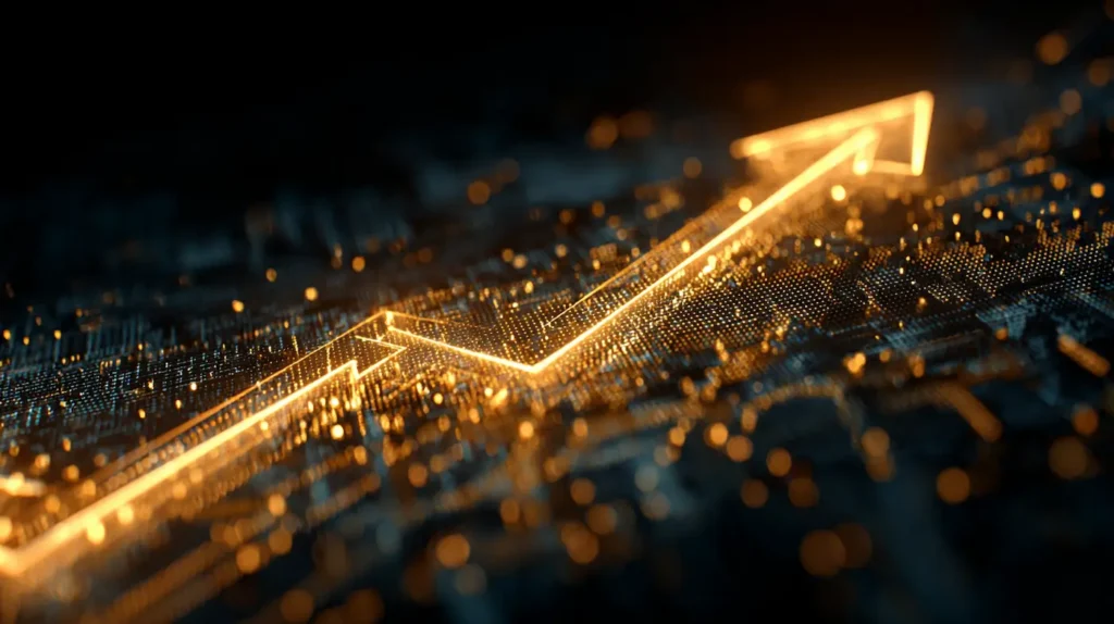 Glowing golden stock market arrow rising upward over a digital circuit board, symbolizing Snowflake’s earnings surge and AI data growth.