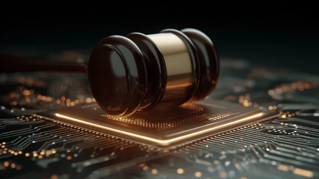 Elon Musk’s xAI Sues Apple and OpenAI, Alleges Exclusive iOS Deal Gives ChatGPT Monopoly Over Billions of Prompts Gavel resting on a glowing computer chip, symbolizing a lawsuit over artificial intelligence and tech monopolies.