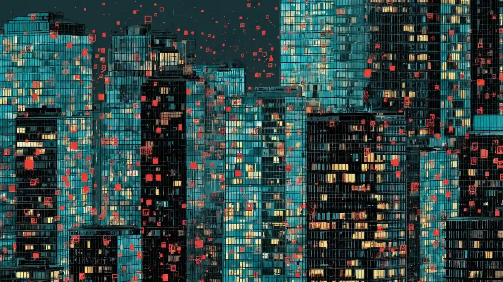 Rows of small office buildings with silver and teal AI circuits flickering off as red and black shards scatter across darkened windows, employees carrying boxes symbolizing business closures.