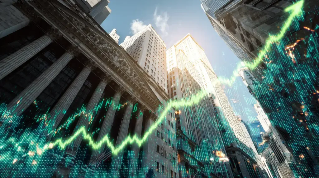 AI Euphoria Could Drive S&P 500 to 9,000 As Animal Spirits Take Hold, Predicts Evercore ISI – Here’s When Wall Street trading floor with green upward arrows and golden sparks rising across skyscrapers, with subtle silver and teal AI circuit overlays, symbolizing AI euphoria driving the S&P 500 toward 9,000.