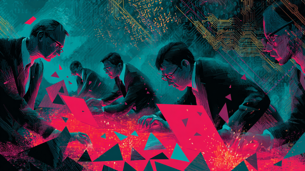 Group of shadowy fraudsters in suits working on glowing laptops with silver and teal AI circuits, red and black shards scattering across the table, symbolizing a $521 billion national security crisis.