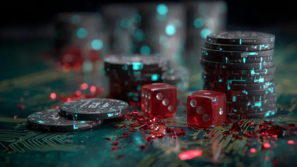 AI Gambling Startups Charge Up to $199 a Month – But Their Bots Aren’t Beating the Odds: Report Casino table with glowing poker chips and dice lit by silver and teal AI circuits, red and black shards scattered across cards, symbolizing AI gambling startups charging $199 a month while failing to beat the odds.