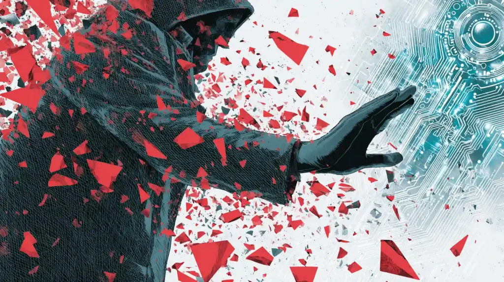 Shadowy thief reaching toward glowing silver and teal AI circuit patterns spilling from a smartphone, with red and black shards breaking around a victim’s silhouette, symbolizing criminals exploiting AI as a core tool in scams.