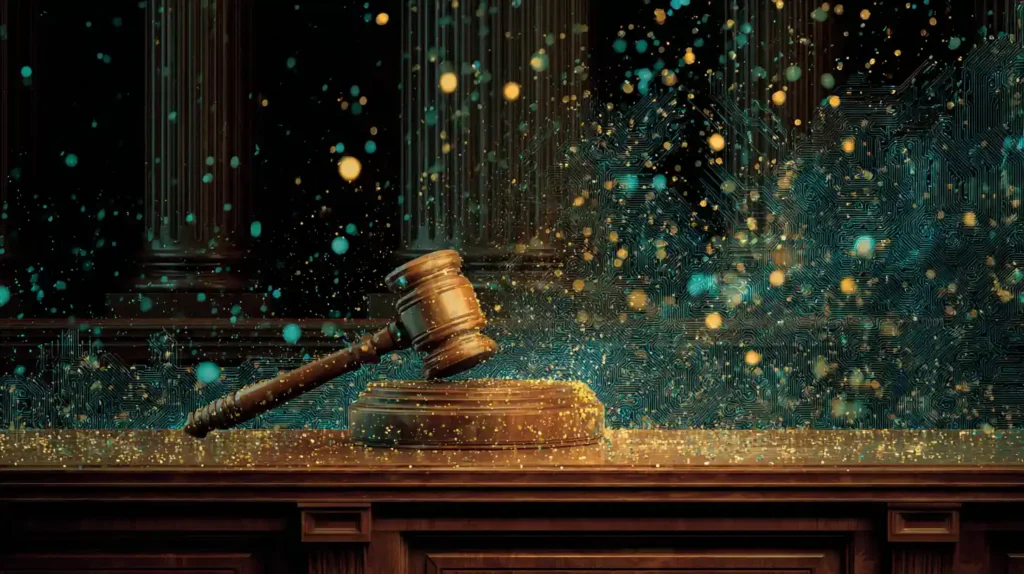 Billion-Dollar Asset Manager Abruptly Lifts Alphabet (GOOGL) Price Target After Antitrust ‘Champagne Moment’ Courtroom scene with a judge’s gavel striking as silver and teal AI circuits glow across the chamber, golden sparks rising like champagne bubbles symbolizing Alphabet’s antitrust victory and market boost.