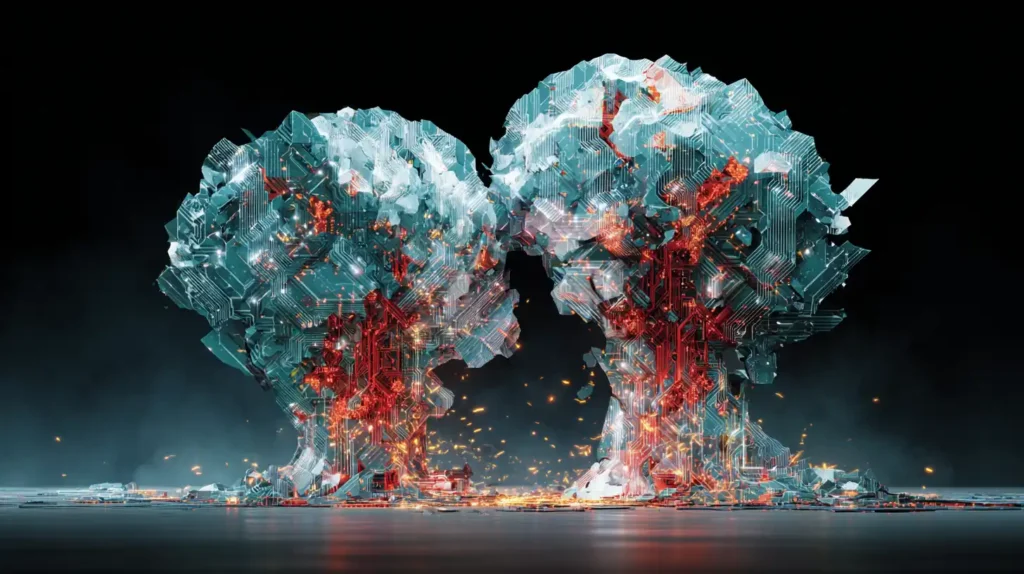 Anthropic Shatters $183 Billion Valuation As CEO Dario Amodei Lays Bare Profit Paradox of AI Scaling Towering silver and teal AI brain models glowing and fracturing with red and black shards, golden sparks symbolizing Anthropic’s $183 billion valuation paradox.