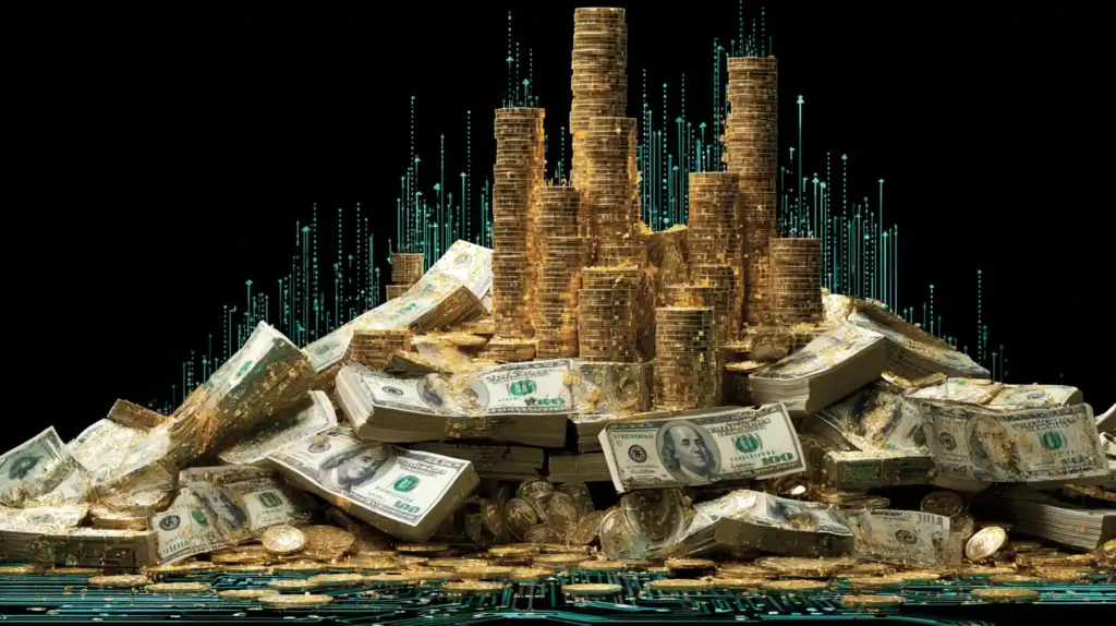 Golden dollar bills and coins rising like skyscrapers with silver and teal AI circuits and green arrows shooting upward, symbolizing Barclays warning of a $100 billion AI arms race deal.